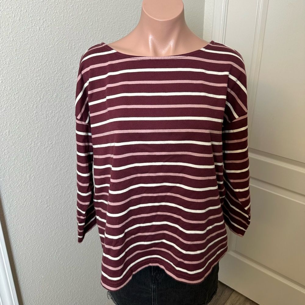 L.L.Bean Striped Maroon and White Long Top Sz L